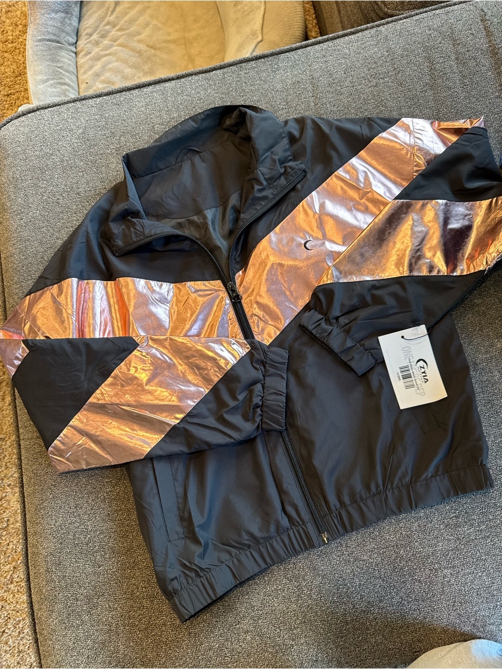 Women's Black Bomber Jacket with Rose Gold Chevron Panels